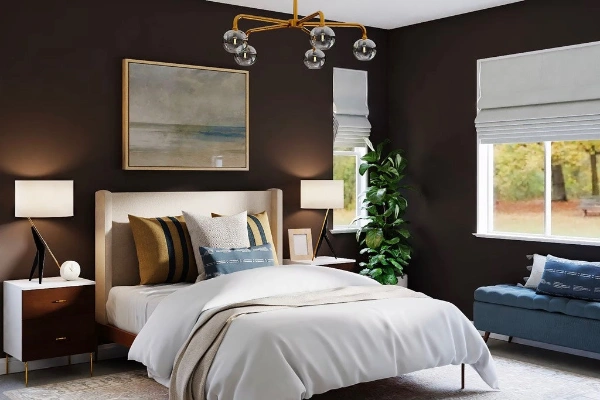 A Bedroom with accent wall and floor-to-ceiling wardrobe