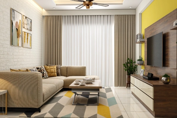 The TV Unit in the Center and Open shelves in Living Room