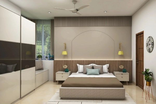 A Bedroom with accent wall and floor-to-ceiling wardrobe