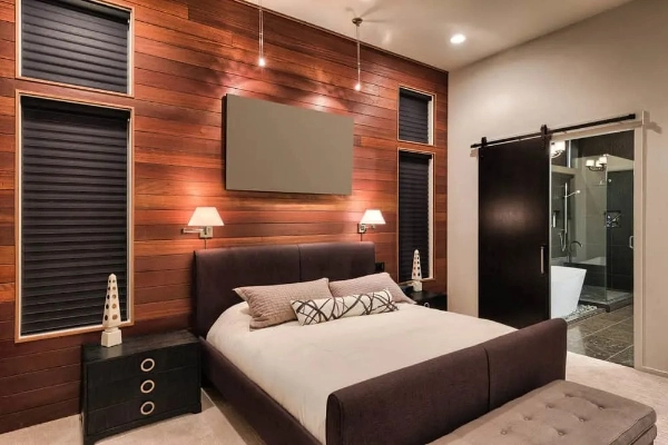 A Bedroom with accent wall and floor-to-ceiling wardrobe