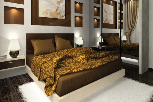 A Bedroom with accent wall and floor-to-ceiling wardrobe